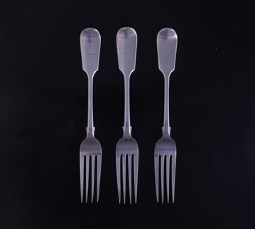 Three Victorian fiddle pattern sterling silver table forks