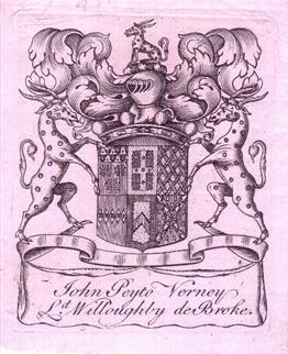 A late 18th century armorial bookplate for John Verney, Lord Willoughby de Broke