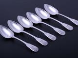 Set of six George III sterling silver fiddle pattern dessert spoons