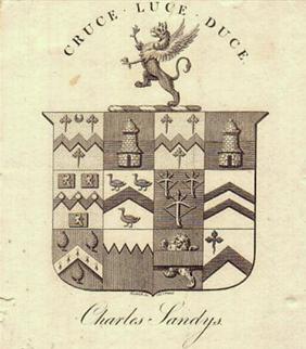 A framed early 19th Century armorial bookplate for Sandys