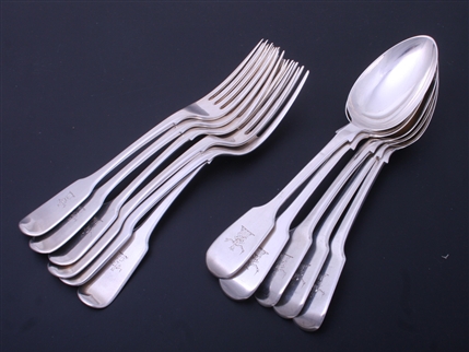 STEWART: A collection of matched antique silver fiddle pattern dessert spoons and forks