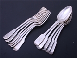 STEWART: A collection of matched antique silver fiddle pattern dessert spoons and forks