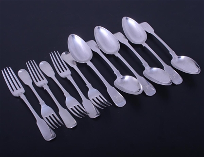 A matched collection of George III sterling silver fiddle pattern flatware