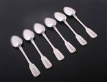 A set of six Irish Victorian fiddle pattern sterling silver dessert spoons