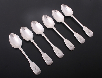 A set of six Irish Victorian fiddle pattern sterling silver dessert spoons