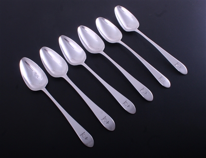 A matched set of Irish 18th century Old English pointed sterling silver dessert spoons