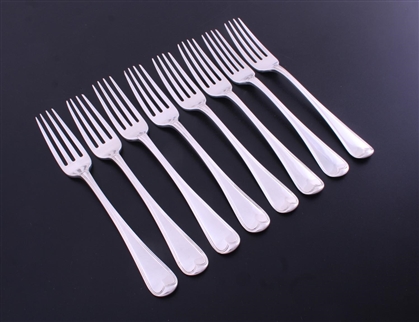 A set of eight George III Old English with thread pattern sterling silver table forks