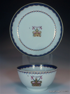 Chinese Armorial Porcelain MARITIME Tea Bowl & Saucer with CAPTAIN CHARLES LENNOX Family & Clan Arms. E.I.C. Qianlong Emperor 中国纹章瓷板乾隆帝