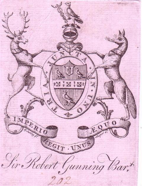 A fine framed late 18th century bookplate for Sir Robert Gunning ...